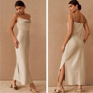 SANCHIN & BABI x BHLDN Cali Satin Cowl-Neck Midi Slip Dress - Oyster